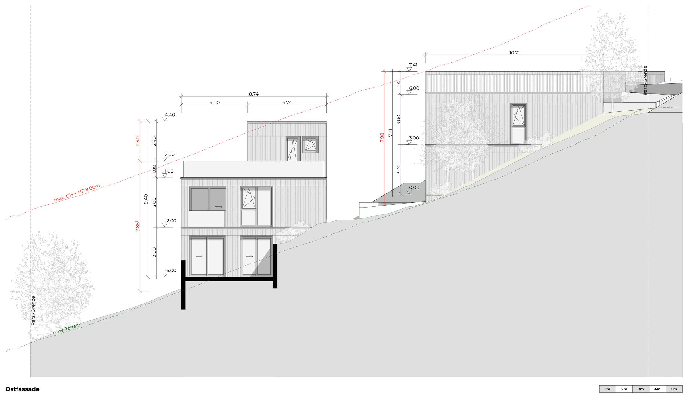 Collina: Ostfassade, beide Häuser am Hang