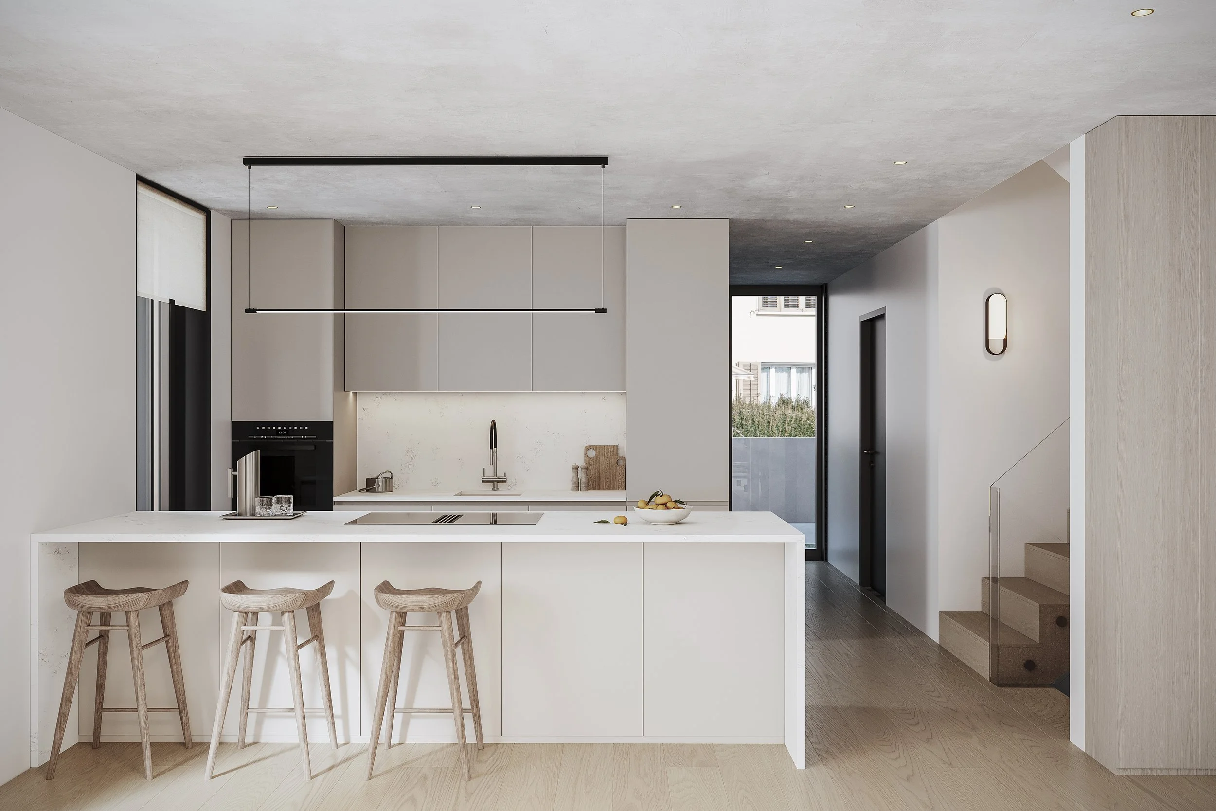 linea definita — Materialdetail: offene Küche im Innenraum-Entwurf