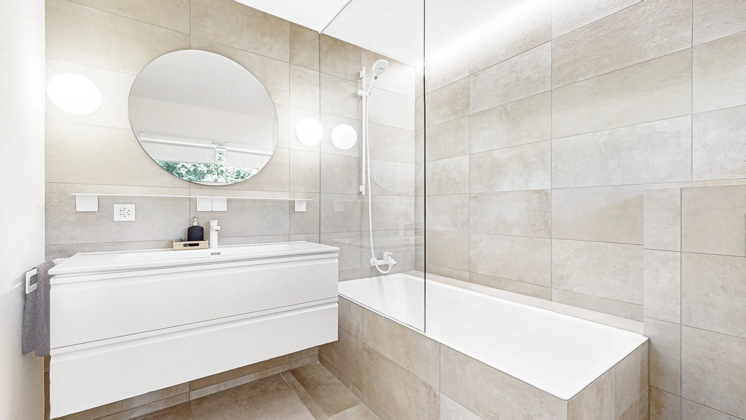 monolite, Muri bei Bern — Materialdetail: Badezimmer in warmem Feinsteinzeug