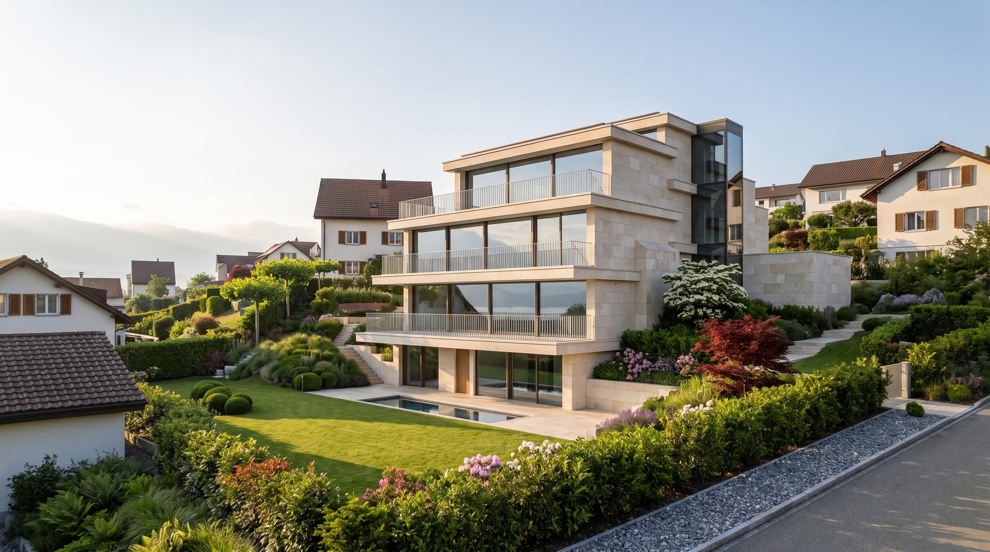 pietra sospesa, Thalwil: Aussenansicht der Villa im Garten, Blick Richtung Südwesten