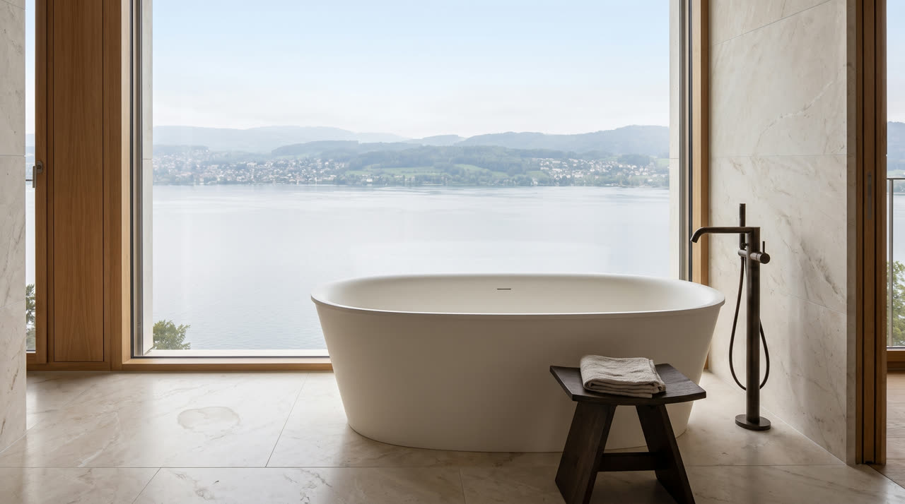 Pietra sospesa: Master Bad mit freistehender Wanne vor der Fassade