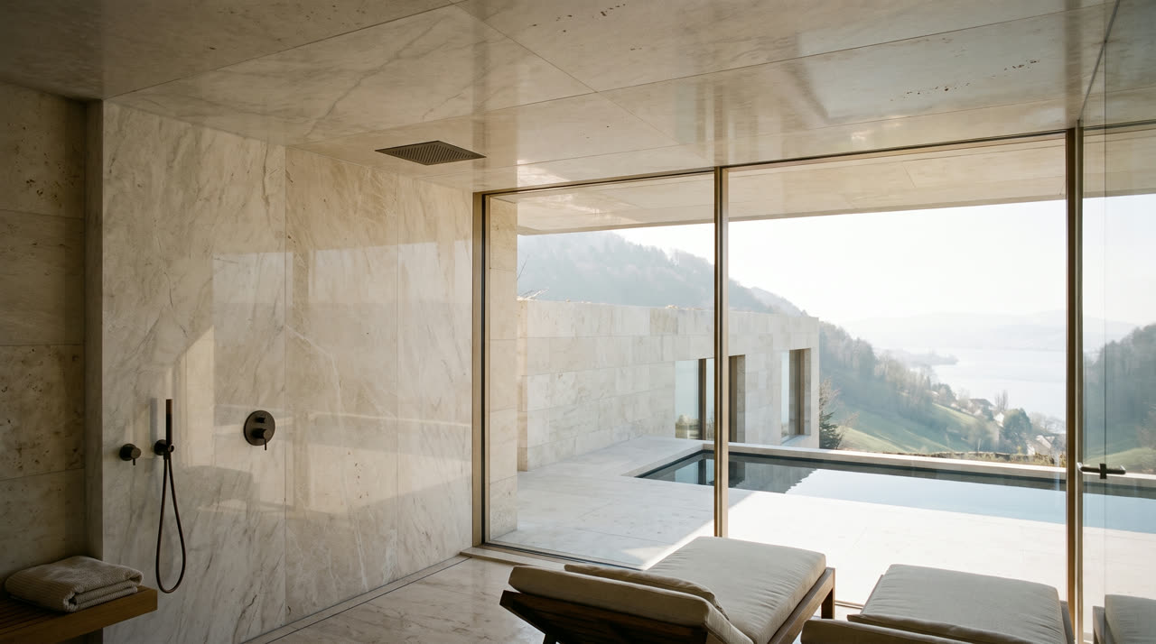 Pietra sospesa: Spa mit Liegen und Blick durch die Verglasung auf den Pool
