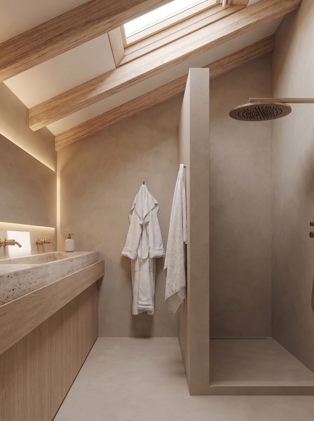 quattromila: Bad mit Steinwaschtisch, Lehmputz und Walk-in-Dusche
