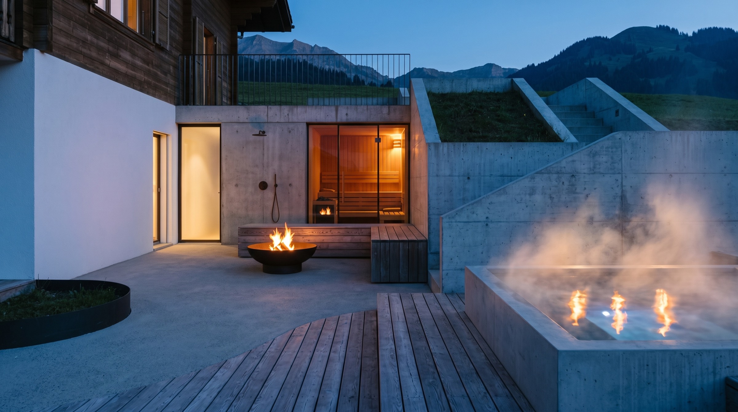 respiro: Warmbecken in der blauen Stunde mit Feuerstelle