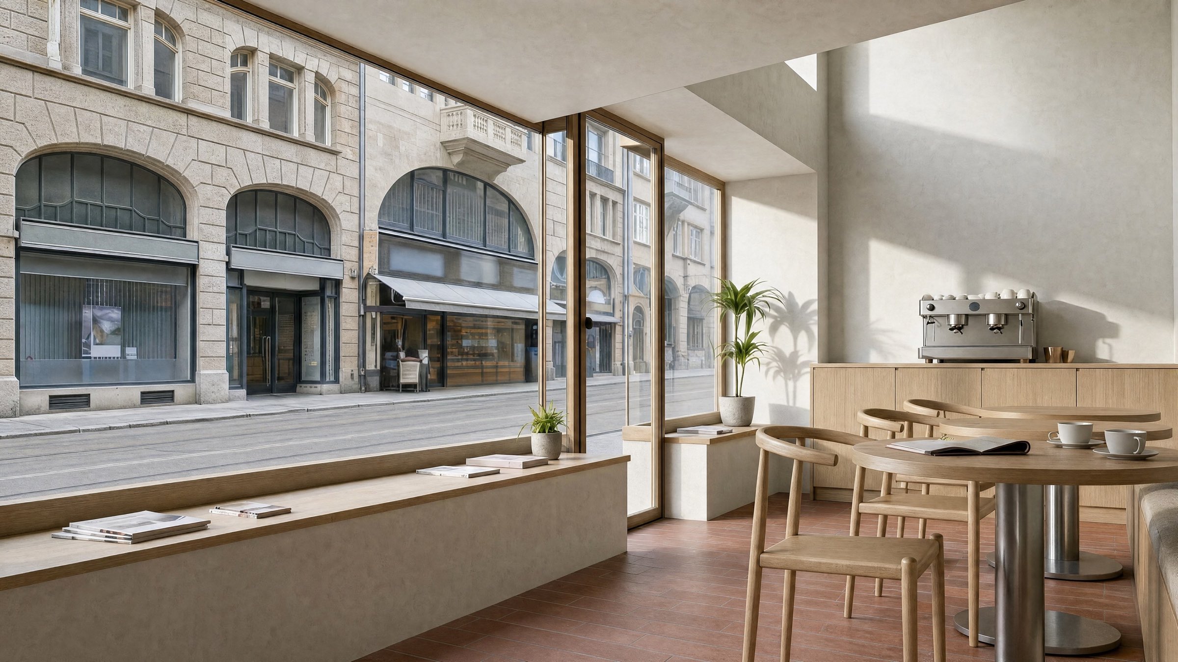 Spina: Kaffeebar und Fensterfront im Erdgeschoss