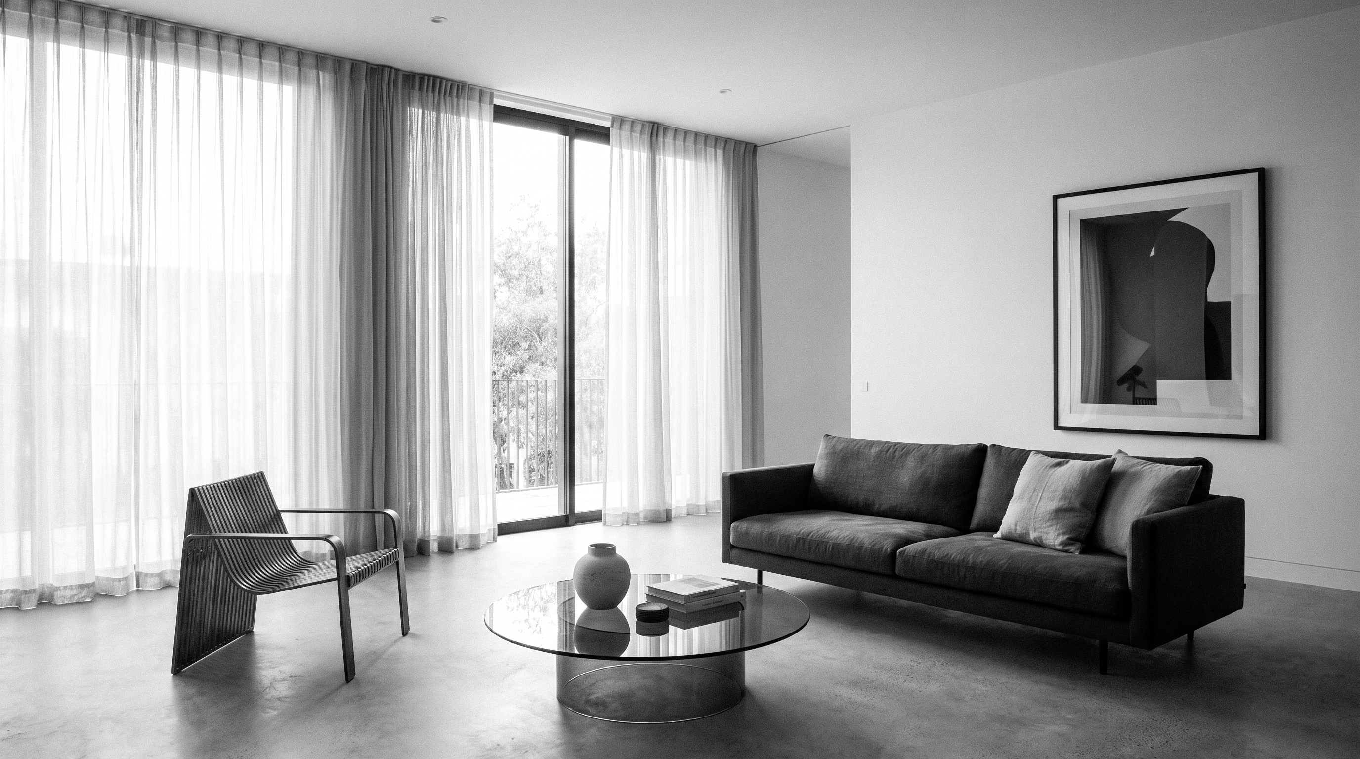 Schwarz-Weiss-Aufnahme: eingerichteter Wohnraum vor dem Besichtigungstermin — Homestaging Studio Semplice